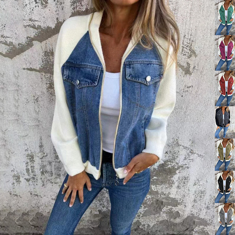 Veste Femme Hybride Chic – Denim & Maille Ultra-Confort, Style Tendance