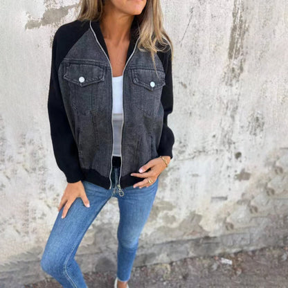 Veste Femme Hybride Chic – Denim & Maille Ultra-Confort, Style Tendance